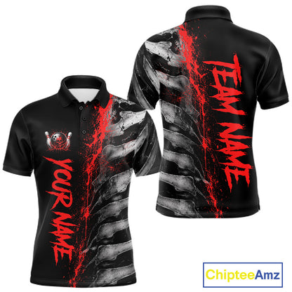 Red Splatter Grey Bone Men's Bowling Polo Shirt, Personalized Skeleton Bowling Jersey, Tournament Team Apparel, Red Athletic Performance Shirt, Competitive Spirit