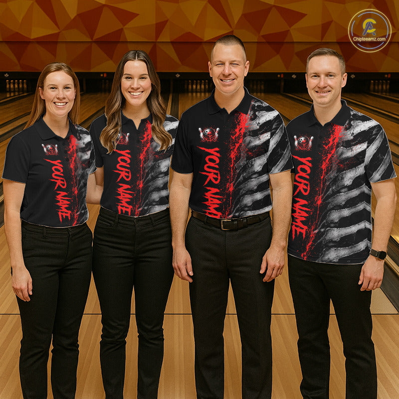Professional bowling team wearing matching Red Splatter Grey Bone polo and quarter-zip jerseys, personalized league uniforms, teamwork, determination, championship performance