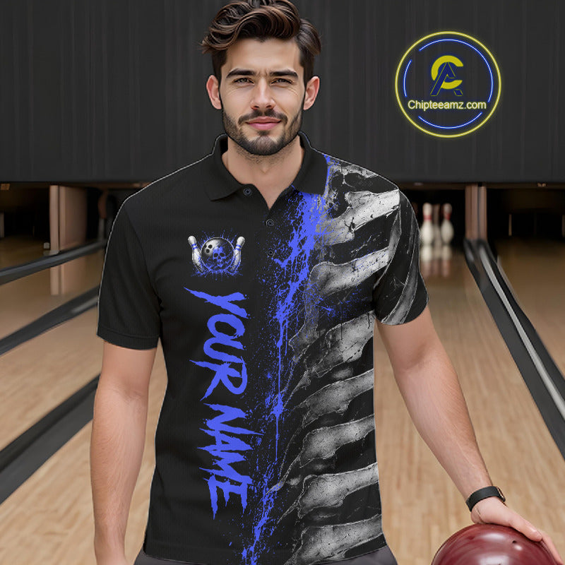 Male model wearing Blue Splatter Grey Bone personalized bowling polo shirt at bowling tournament, custom skeleton jersey, competitive performance apparel