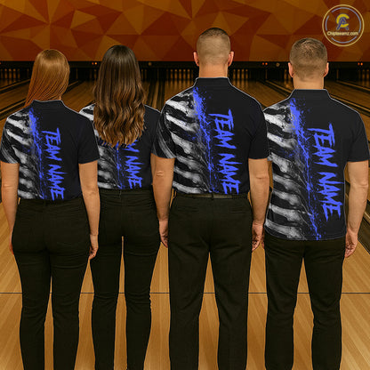 Bowling team wearing matching Blue Splatter Grey Bone polo and quarter-zip jerseys, personalized league uniforms, teamwork, precision, focus, competitive excellence