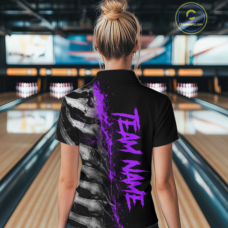 Female model wearing Purple Splatter Grey Bone personalized bowling polo shirt during league tournament, skeleton artwork, confidence, creativity, athletic style