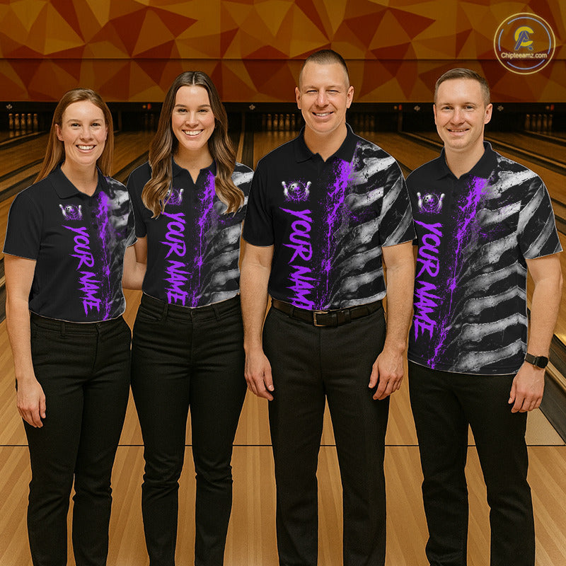 Bowling team wearing matching Purple Splatter Grey Bone polo and quarter-zip jerseys, personalized tournament uniforms, creativity, teamwork, competitive excellence