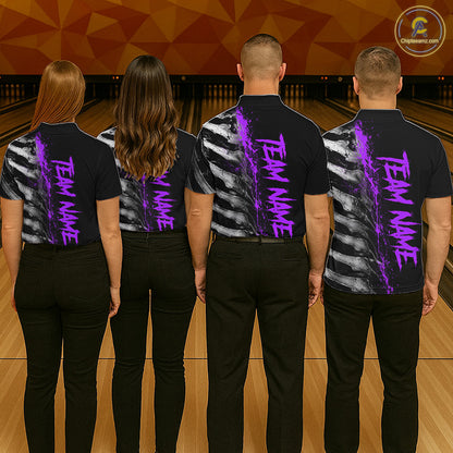 Bowling team wearing matching Purple Splatter Grey Bone polo and quarter-zip jerseys, personalized tournament uniforms, creativity, teamwork, competitive excellence