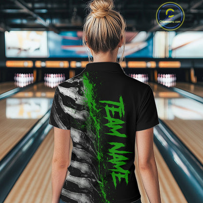 Female model wearing Green Splatter Grey Bone bowling polo shirt during bowling league tournament, skeleton design, athletic confidence, energy, resilience