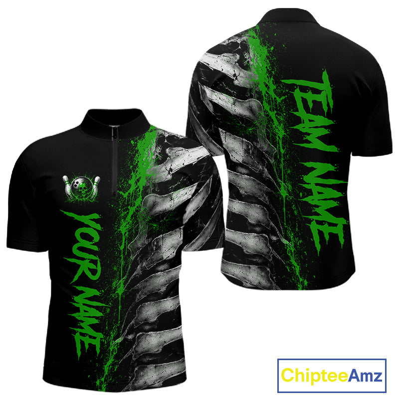 Green Splatter Grey Bone Men's Bowling Quarter-Zip Shirt, Personalized Bowling League Jersey, Athletic Performance Uniform