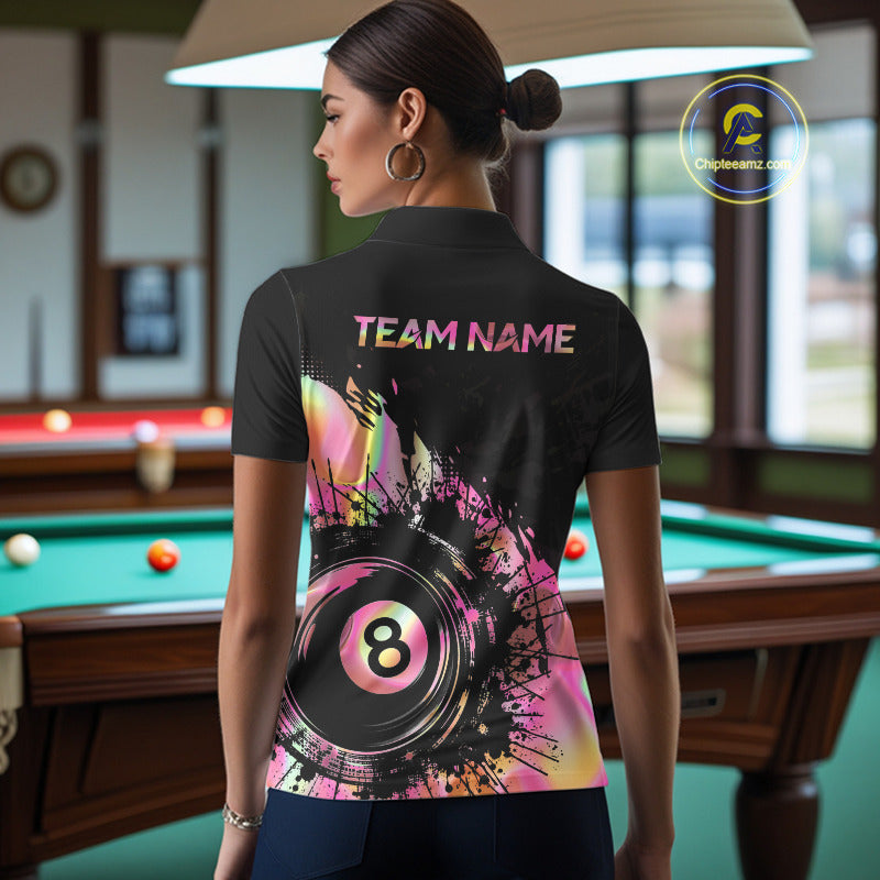 Female model wearing holographic pink billiard polo, personalized league apparel, custom pool team clothing, sports fashion, matching club outfit.