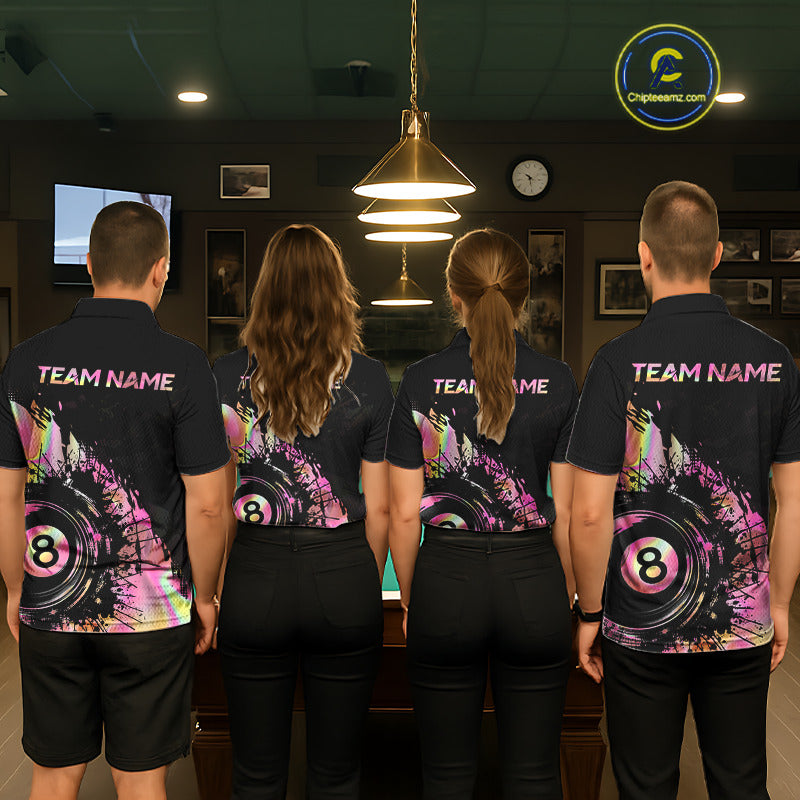 Matching billiard team wearing holographic pink personalized jerseys, pool billiard uniforms, custom sports club apparel.