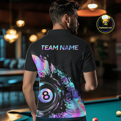 Male model wearing holographic rainbow pool polo, personalized tournament jersey, custom billiard club apparel, performance athletic wear.