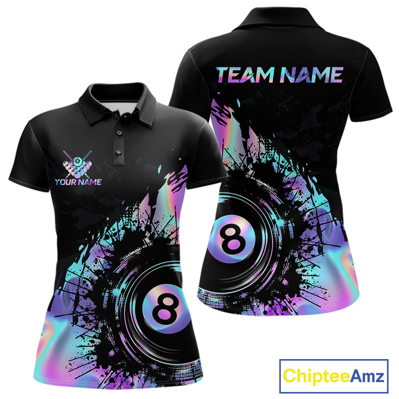 Women's Holographic Rainbow billiard polo with 8 Ball graphics, personalized pool league jersey, colorful pool team apparel, billiard tournament shirt, custom sports polo, cue sports clothing.