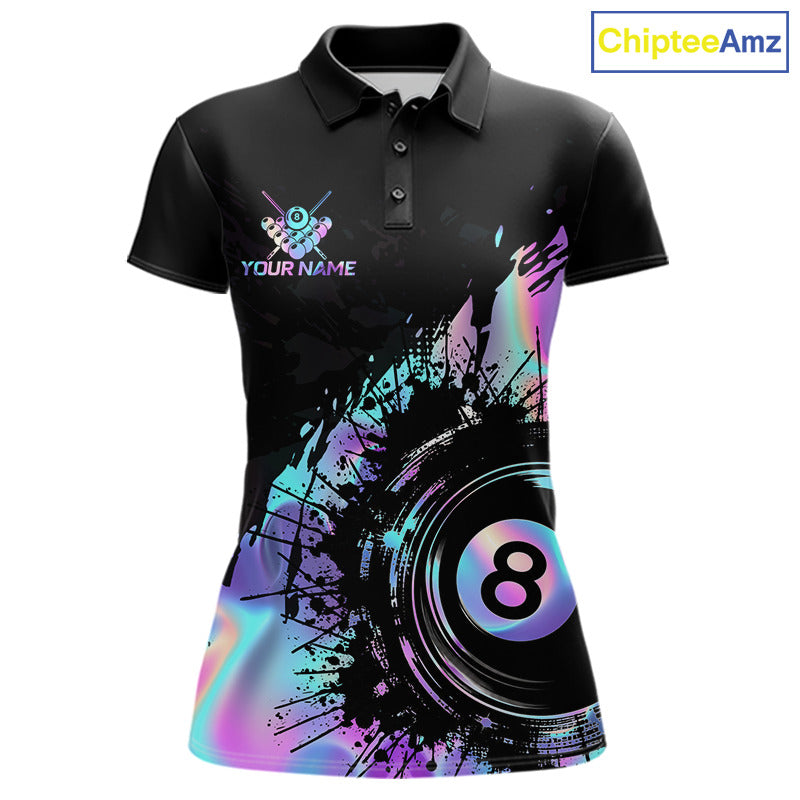 Women's Holographic Rainbow billiard polo with 8 Ball graphics, personalized pool league jersey, colorful pool team apparel, billiard tournament shirt, custom sports polo, cue sports clothing.