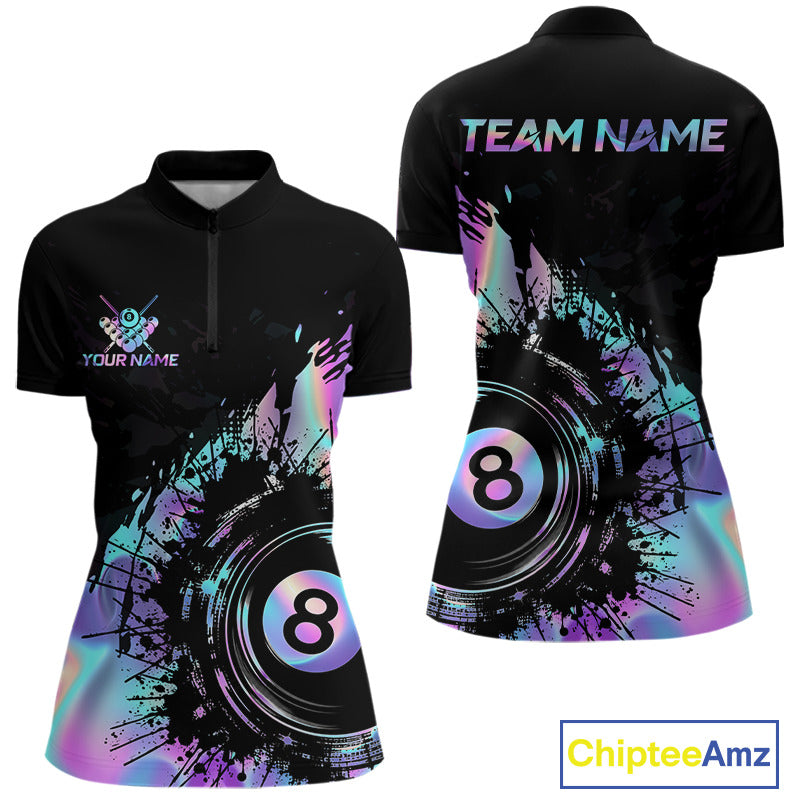 Women's holographic rainbow quarter zip billiard jersey, personalized APA league apparel, custom cue sports shirt, tournament uniform.