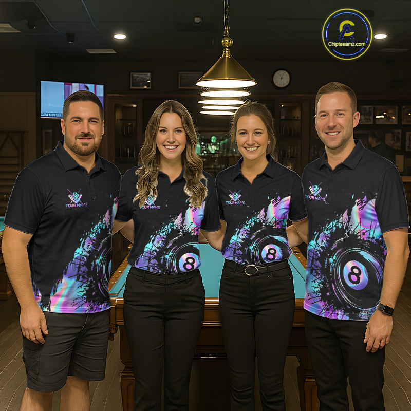 Professional billiard team wearing matching holographic rainbow jerseys with custom names, APA, BCA, TAP and VNEA league uniforms, colorful team apparel.