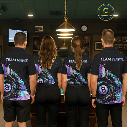 Professional billiard team wearing matching holographic rainbow jerseys with custom names, APA, BCA, TAP and VNEA league uniforms, colorful team apparel.