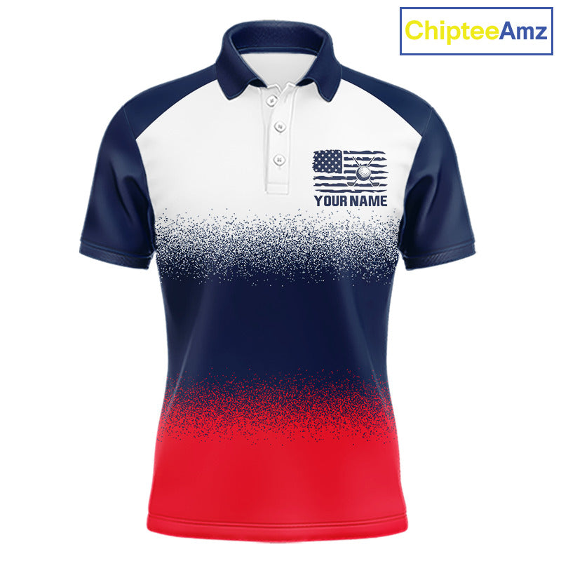 Men's US Flag golf polo shirt, patriotic red white and blue golf polo, custom golf team apparel, American flag golf shirt, men's golf uniform, tournament golf clothing