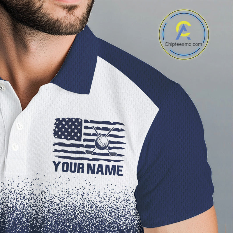 Male golfer wearing patriotic US flag golf polo shirt, red white and blue golf apparel, men's golf tournament outfit