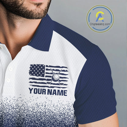 Male golfer wearing patriotic US flag golf polo shirt, red white and blue golf apparel, men's golf tournament outfit