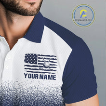Load image into Gallery viewer, Male golfer wearing patriotic US flag golf polo shirt, red white and blue golf apparel, men's golf tournament outfit