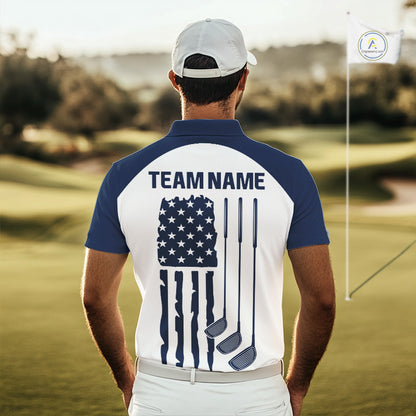 Male golfer wearing patriotic US flag golf polo shirt, red white and blue golf apparel, men's golf tournament outfit