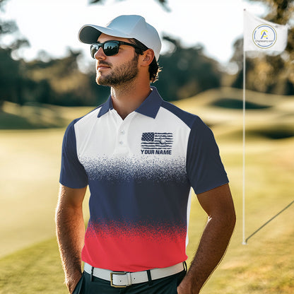 Male golfer wearing patriotic US flag golf polo shirt, red white and blue golf apparel, men's golf tournament outfit