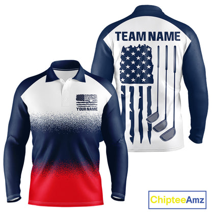 Men's US Flag golf polo shirt, patriotic red white and blue golf polo, custom golf team apparel, American flag golf shirt, men's golf uniform, tournament golf clothing