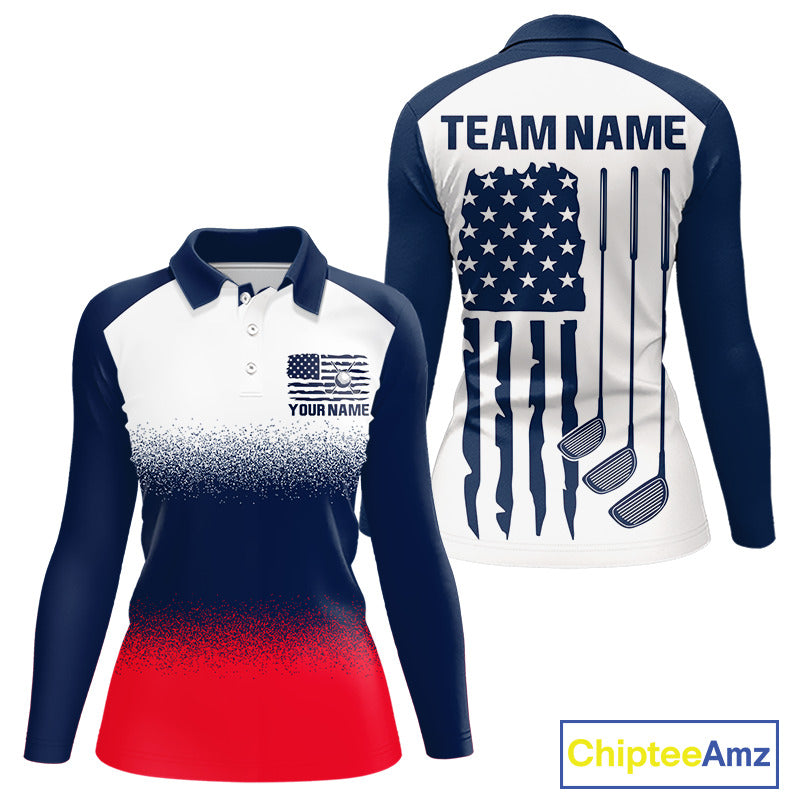 Women's US Flag golf polo shirt, patriotic red white and blue golf polo, custom golf team apparel, ladies golf uniform, American flag golf clothing, tournament golf shirt