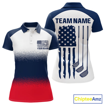 Women's US Flag golf polo shirt, patriotic red white and blue golf polo, custom golf team apparel, ladies golf uniform, American flag golf clothing, tournament golf shirt