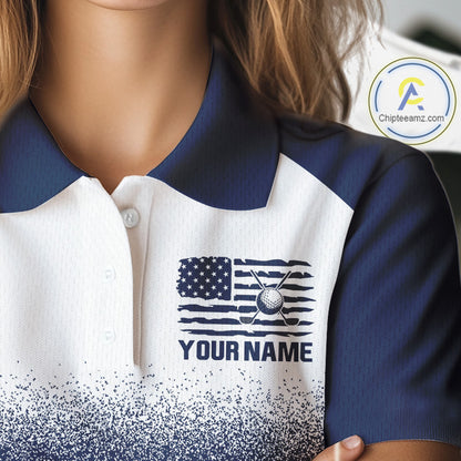 Female golfer wearing patriotic US flag golf sleeveless polo shirt, red white and blue golf apparel, women's golf tournament outfit