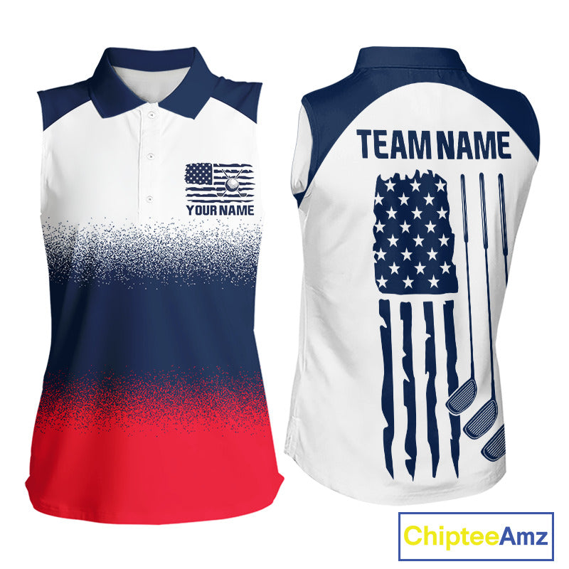 Women's US Flag golf sleeveless polo shirt, patriotic red white and blue golf polo, custom golf team apparel, ladies golf uniform, American flag golf clothing, tournament golf shirt