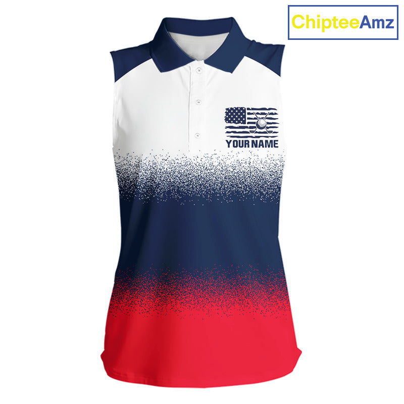 Women's US Flag golf sleeveless polo shirt, patriotic red white and blue golf polo, custom golf team apparel, ladies golf uniform, American flag golf clothing, tournament golf shirt