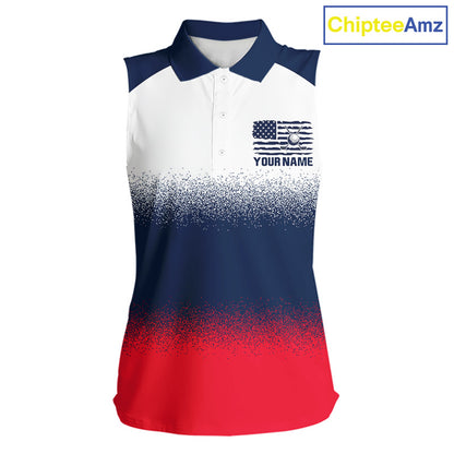 Women's US Flag golf sleeveless polo shirt, patriotic red white and blue golf polo, custom golf team apparel, ladies golf uniform, American flag golf clothing, tournament golf shirt