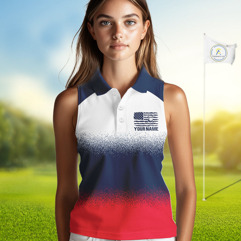 Female golfer wearing patriotic US flag golf sleeveless polo shirt, red white and blue golf apparel, women's golf tournament outfit
