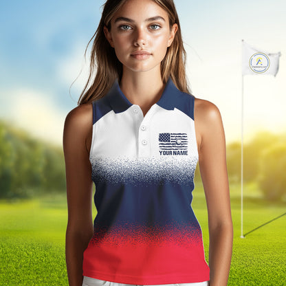Female golfer wearing patriotic US flag golf sleeveless polo shirt, red white and blue golf apparel, women's golf tournament outfit