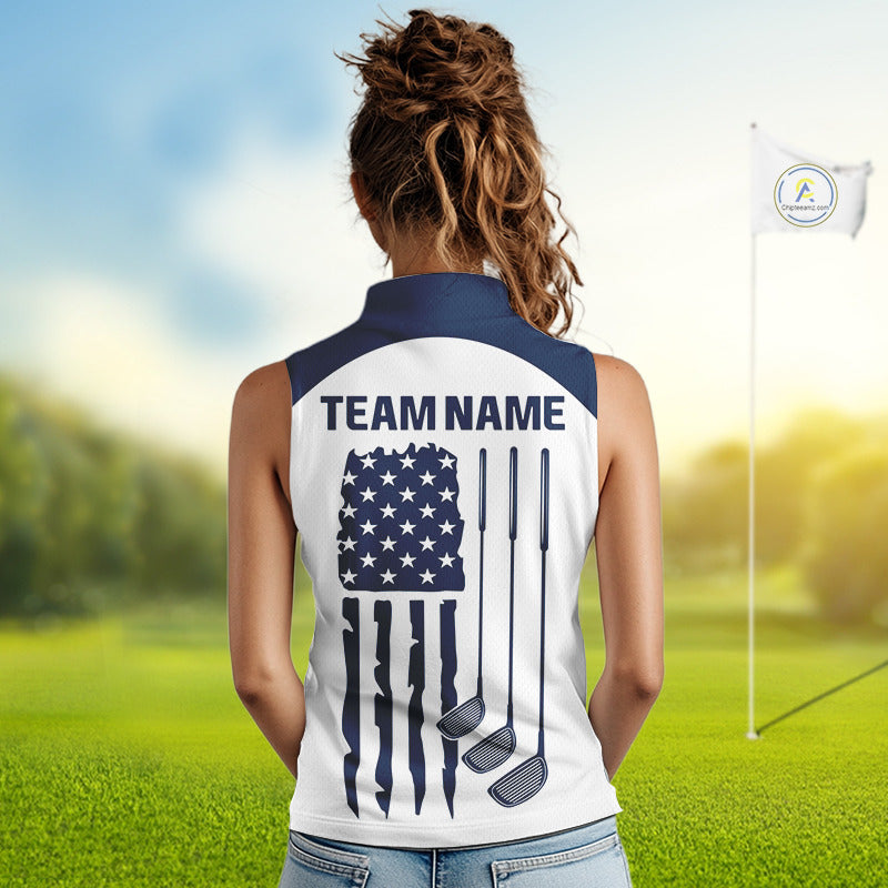 Female golfer wearing patriotic US flag golf sleeveless polo shirt, red white and blue golf apparel, women's golf tournament outfit