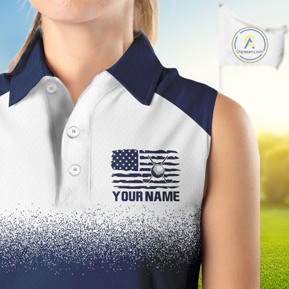 Female golfer wearing patriotic US flag golf sleeveless polo shirt, red white and blue golf apparel, women's golf tournament outfit