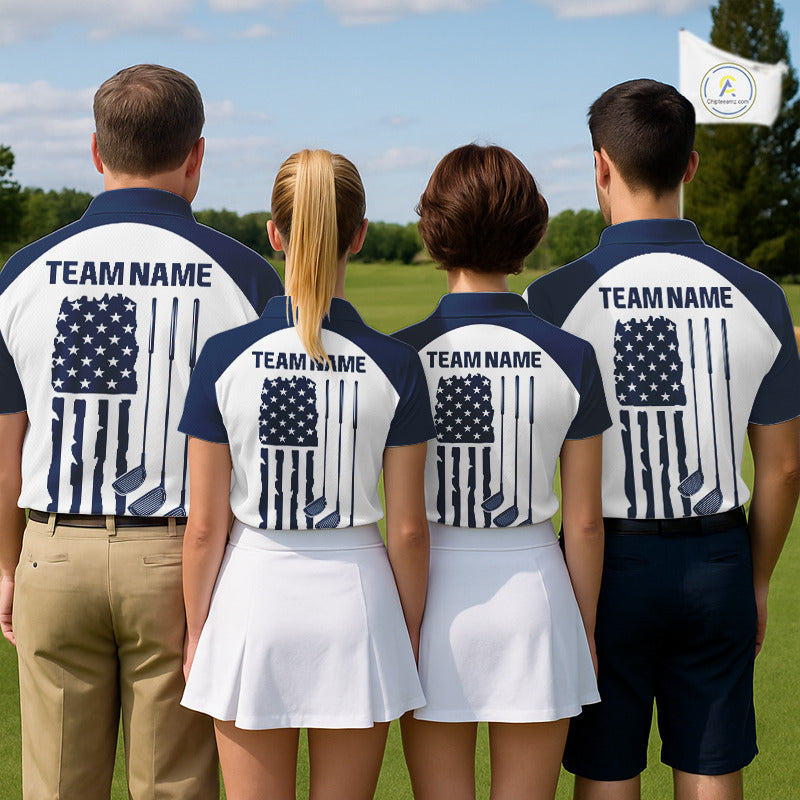 Men women golf team wearing matching US flag golf polo shirts, patriotic golf uniforms, custom golf team apparel