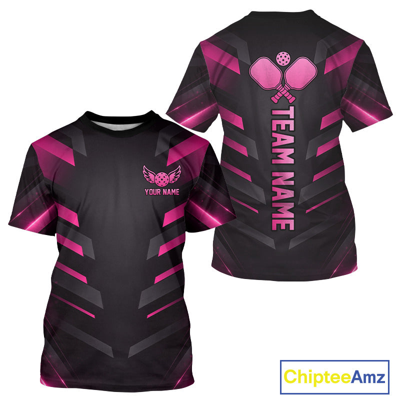 Custom Pink And Black Pickleball T-Shirt For Men, Lightning Pickleball Tournament Shirt NYN3855