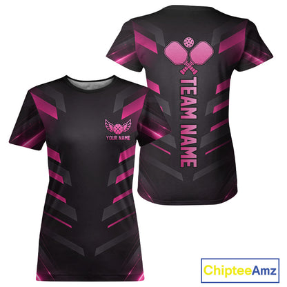 Custom Pink & Black Lightning Women's Pickleball T-Shirt, Personalized Pickleball Tournament Shirt, Lightning Paddle Sports Apparel, Athletic Performance Tee, Team League Uniform, Speed, Precision & Victory