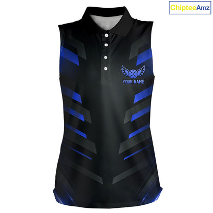 Custom Blue & Black Lightning Women's Pickleball Sleeveless Polo, Personalized Tournament Polo, Paddle League Apparel, Athletic Performance Shirt, Precision, Focus & Competitive Spirit
