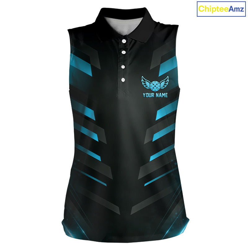 Custom Turquoise & Black Lightning Women's Pickleball Sleeveless Polo, Personalized Paddle Sports Polo, Tournament Apparel, Athletic Team Uniform, Agility, Confidence & Speed