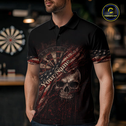 Red Grunge Retro Amercian Flag Dartboard Men Dart Polo Shirt Custom Skull Dart Team Jerseys NYN2542