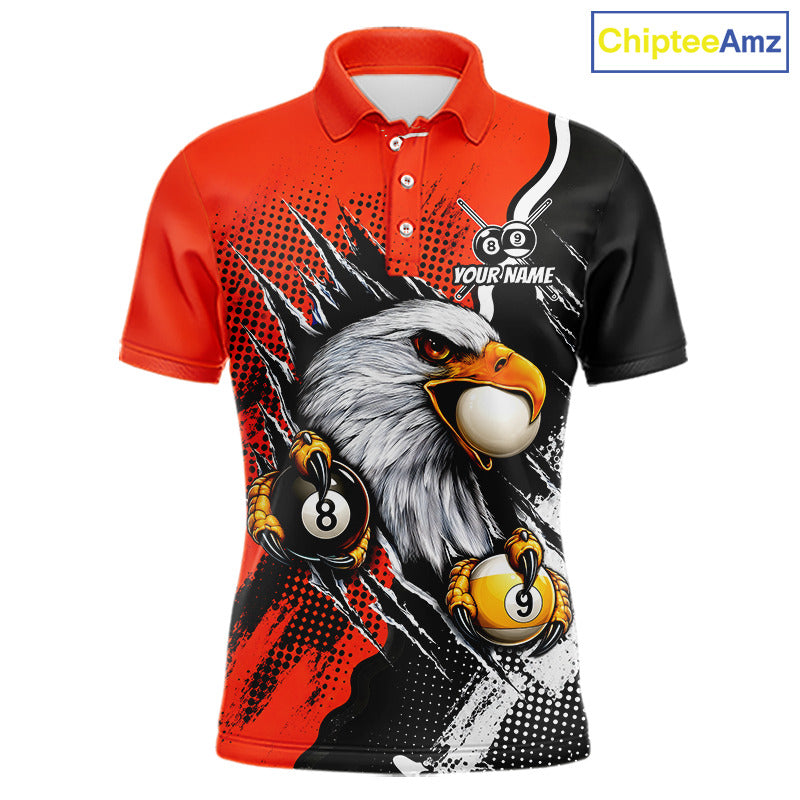 Black and orange claw 8 ball and 9 ball billiard polo shirt for men
