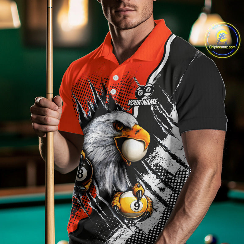 Black And Orange Claws 8 Ball & 9 Ball Mens Polo Shirts Custom Eagle Billiard Team Apparel NYN3296