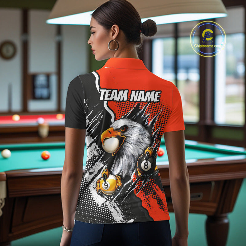 Black And Orange Claws 8 Ball & 9 Ball Women Polo Shirts Custom Eagle Billiard Team Apparel NYN3296