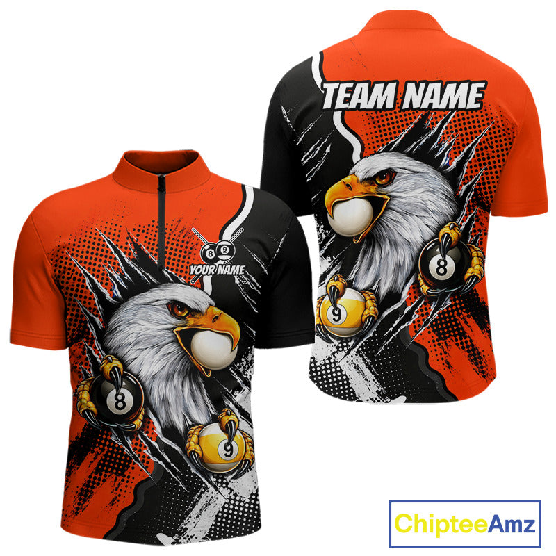Black and orange claw 8 ball and 9 ball billiard 1/4-zip shirt for men