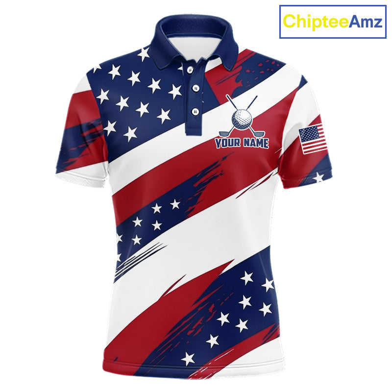 Men's US Flag golf polo shirt, patriotic red white and blue golf apparel, custom golf team shirt, golf tournament polo, personalized golf clothing, golf gift for men