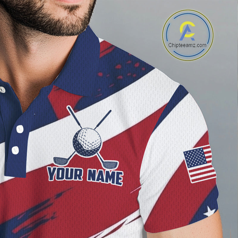 Male golfer wearing patriotic US flag golf polo shirt, red white blue golf apparel, custom golf team clothing, men's golf tournament outfit