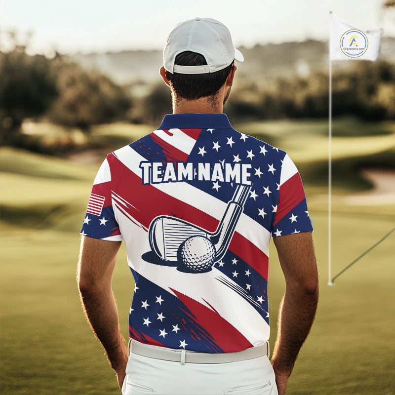 Male golfer wearing patriotic US flag golf polo shirt, red white blue golf apparel, custom golf team clothing, men's golf tournament outfit