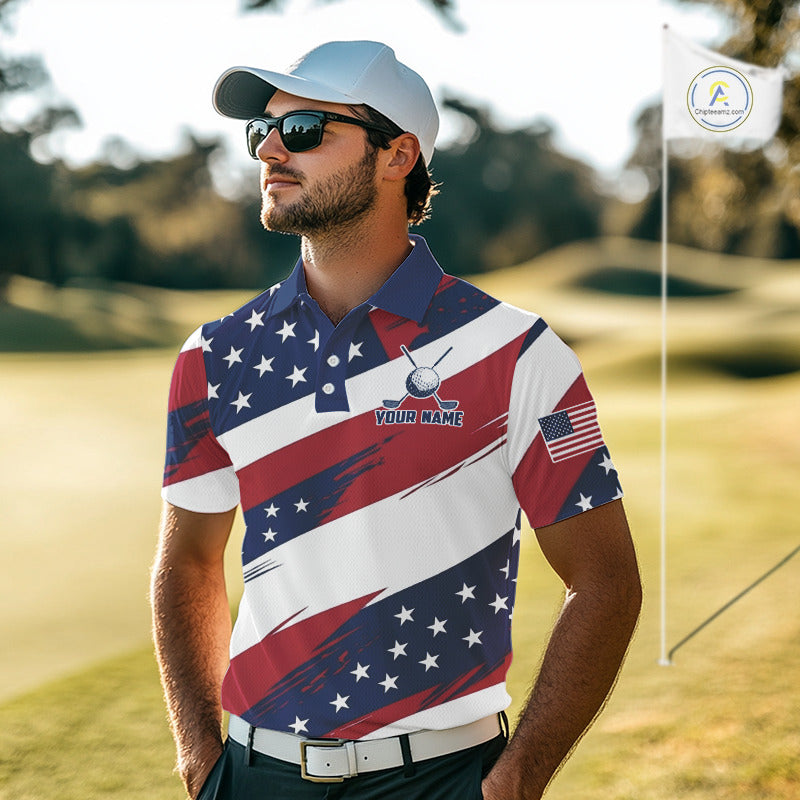 Male golfer wearing patriotic US flag golf polo shirt, red white blue golf apparel, custom golf team clothing, men's golf tournament outfit