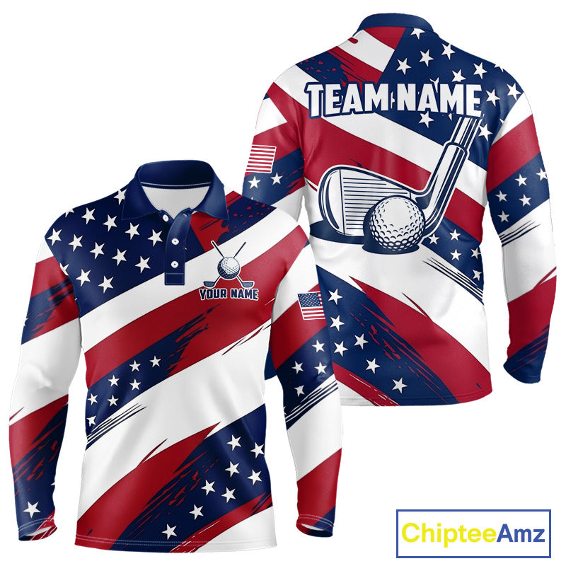 Men's US Flag golf long sleeves polo shirt, patriotic red white and blue golf apparel, custom golf team shirt, golf tournament polo, personalized golf clothing, golf gift for men