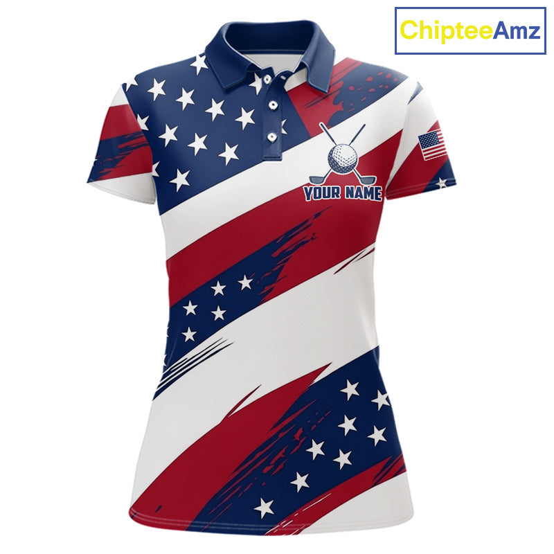 Women's US Flag golf polo shirt, patriotic red white and blue golf apparel, custom golf team shirt, golf tournament polo, personalized golf clothing, golf gift for women